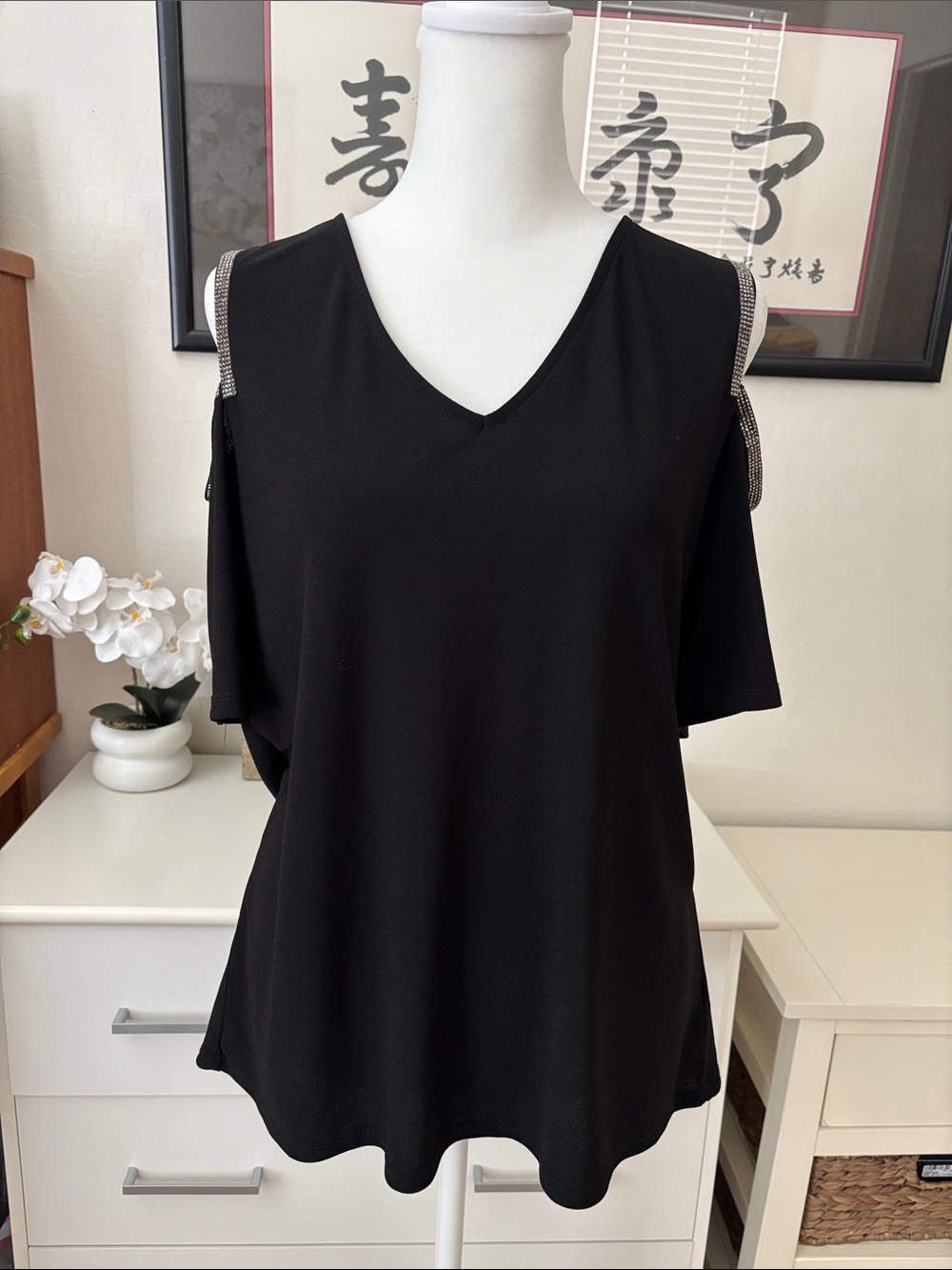89+Madison Black Cold-Shoulder V-Neck Top with Rhinestone Straps